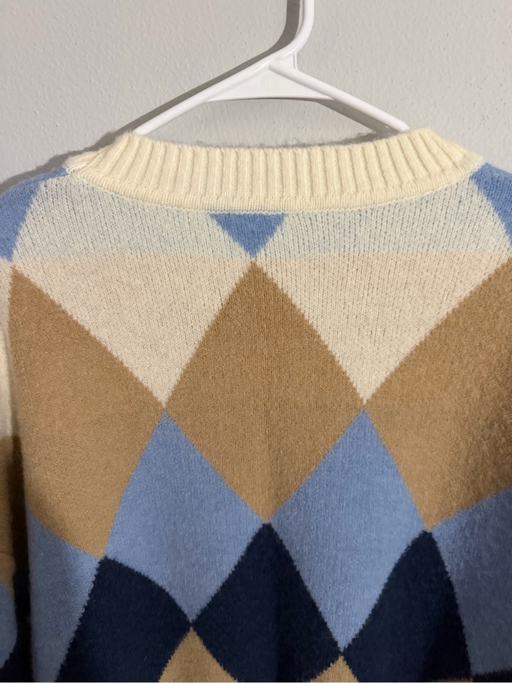 Men's Argyle Crewneck Sweater in Cream, Light Blue & Navy - Picture 7 of 9
